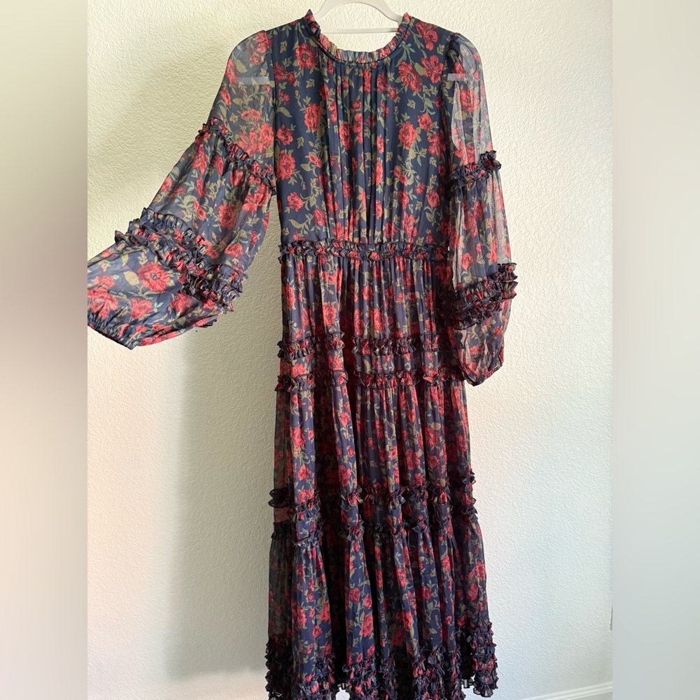 IVY CITY CO Geneva Dress in Scarlet Bloom - Navy and Red Floral Long Sleeve - Picture 2 of 7
